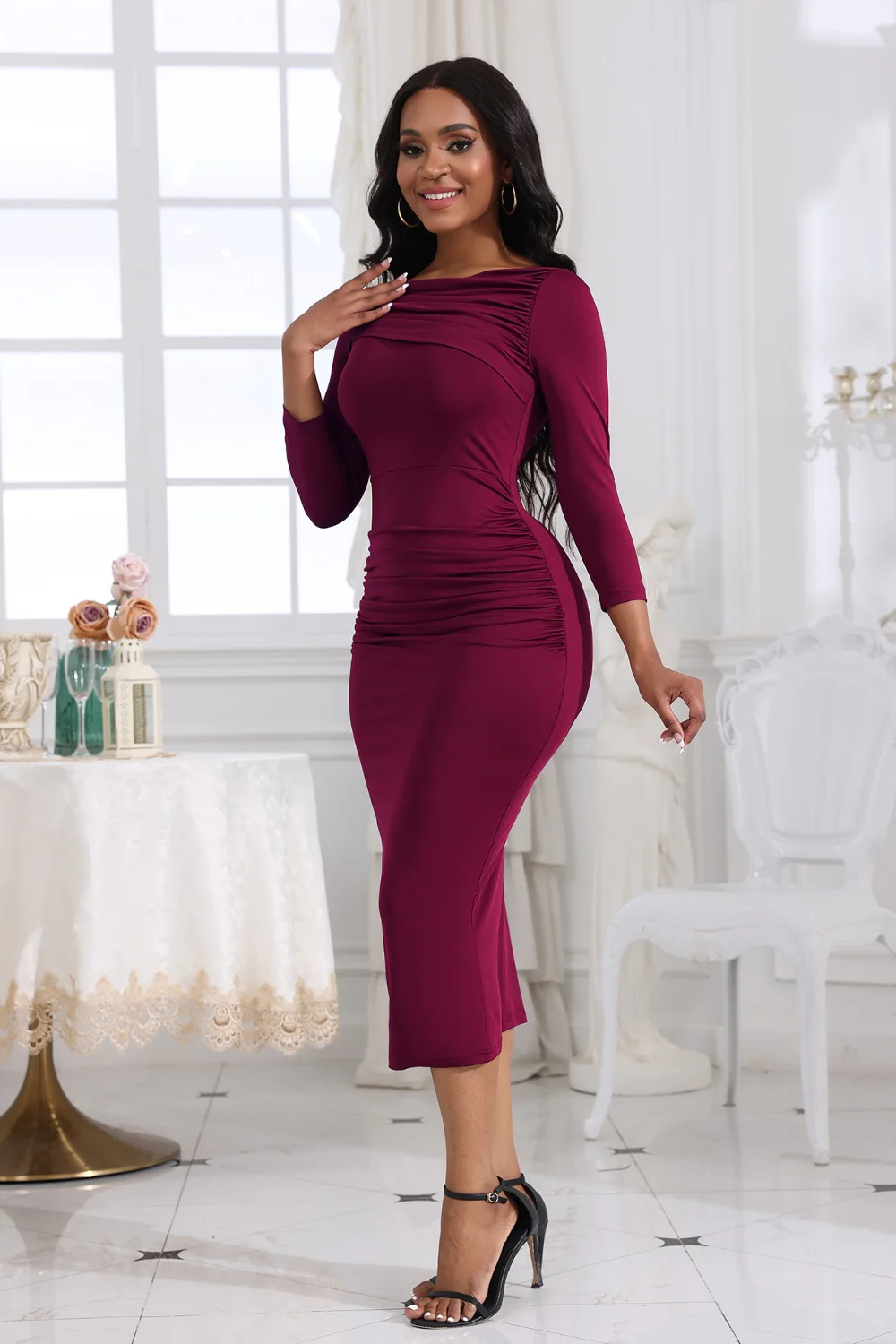 Ruched Boat Neck Midi Dress - Image 8