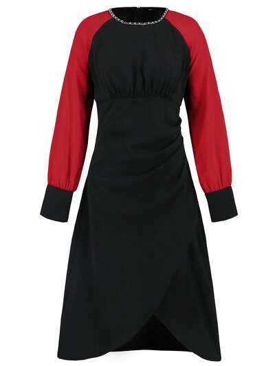Ruched Contrast Long Sleeve Midi Dress - Image 6