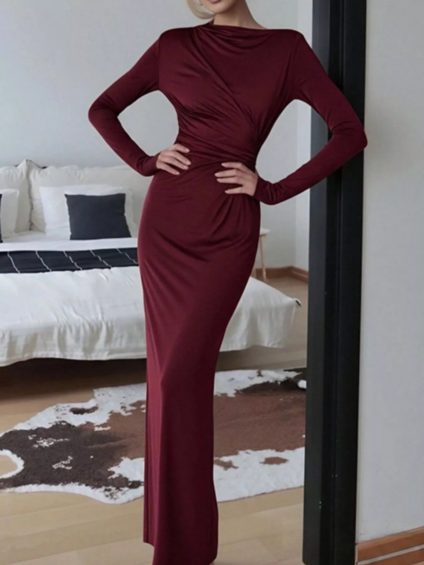 Ruched Long Sleeve Bodycon Maxi Dress - Image 6