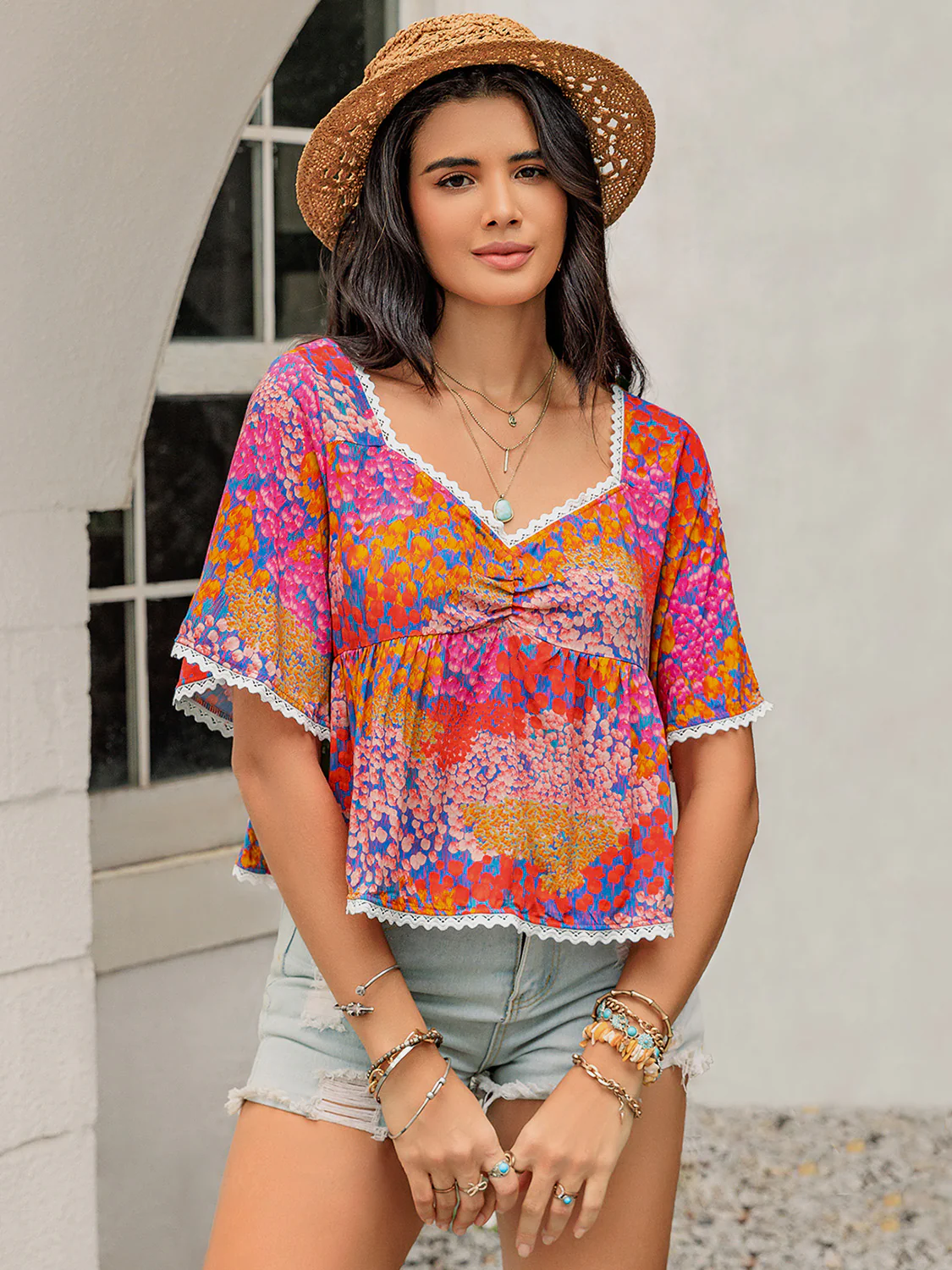 Ruched Printed Half Sleeve Blouse - Image 3