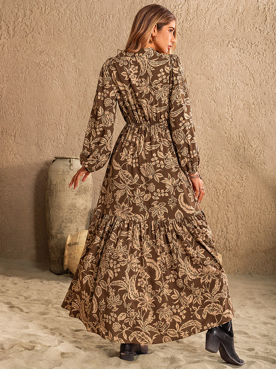 Ruched Printed Notched Long Sleeve Maxi Dress - Image 2