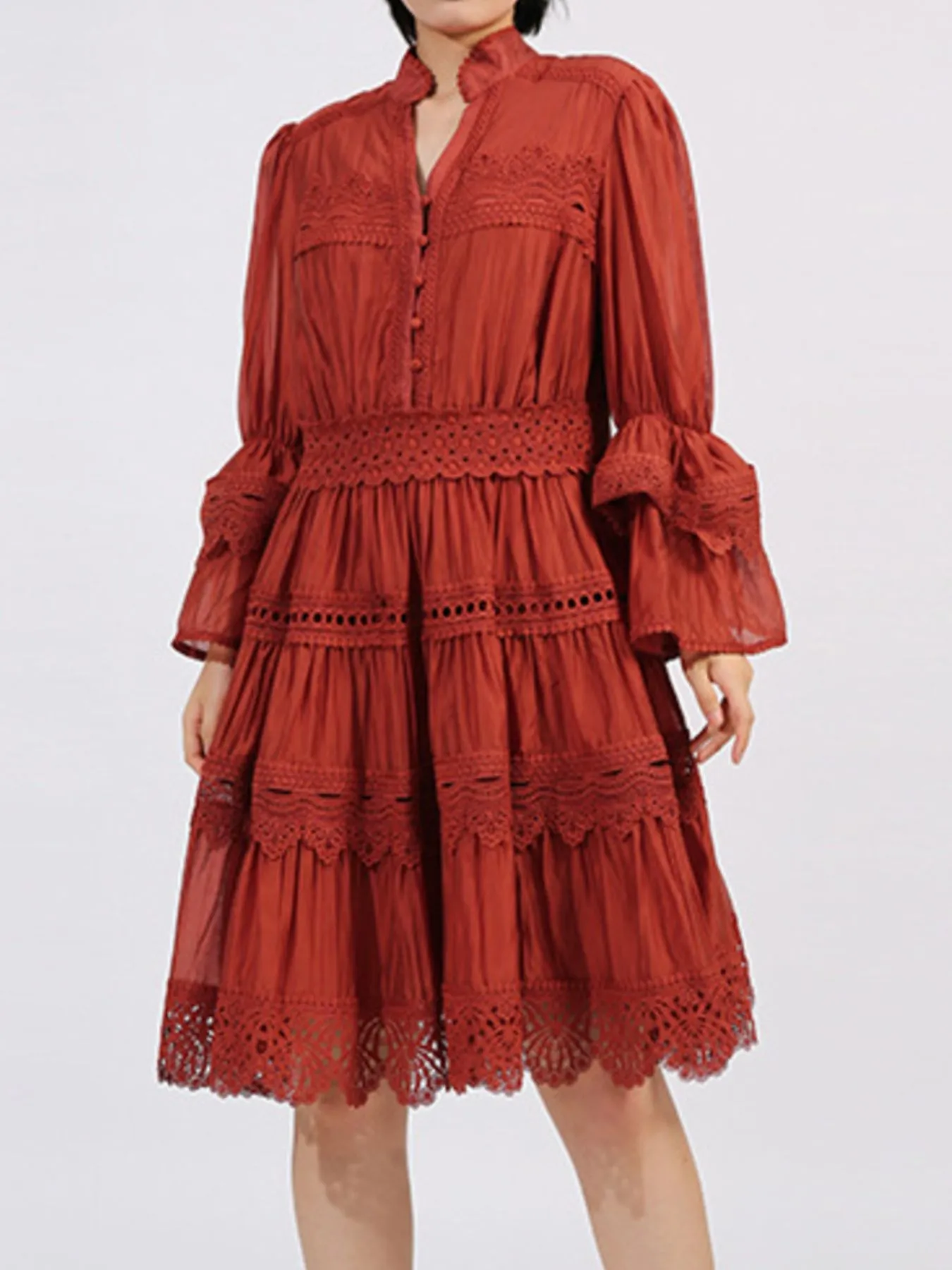 Ruffle Lace Trim Long Sleeve Dress - Image 4