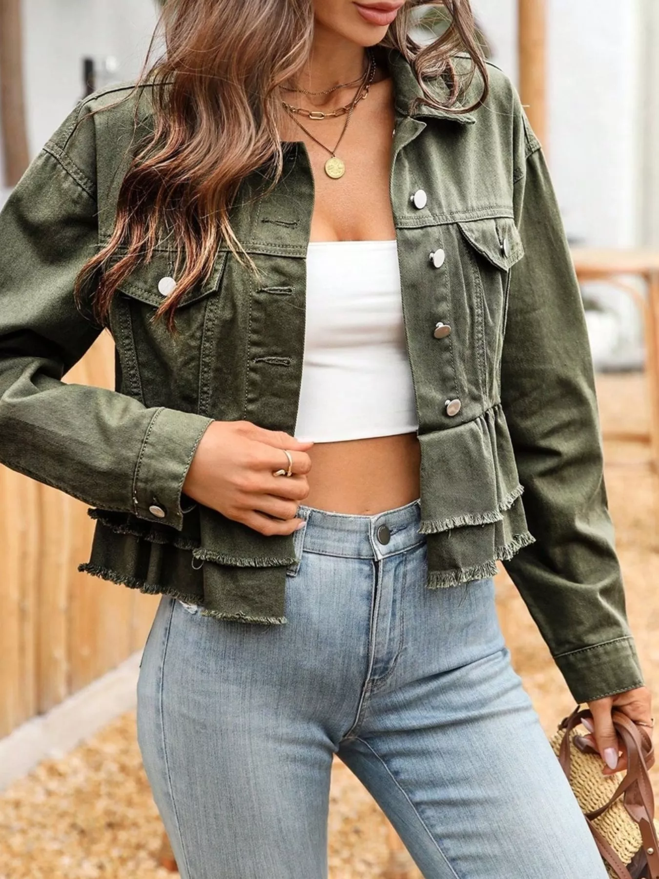 Ruffle Raw Hem Denim Jacket - Image 2