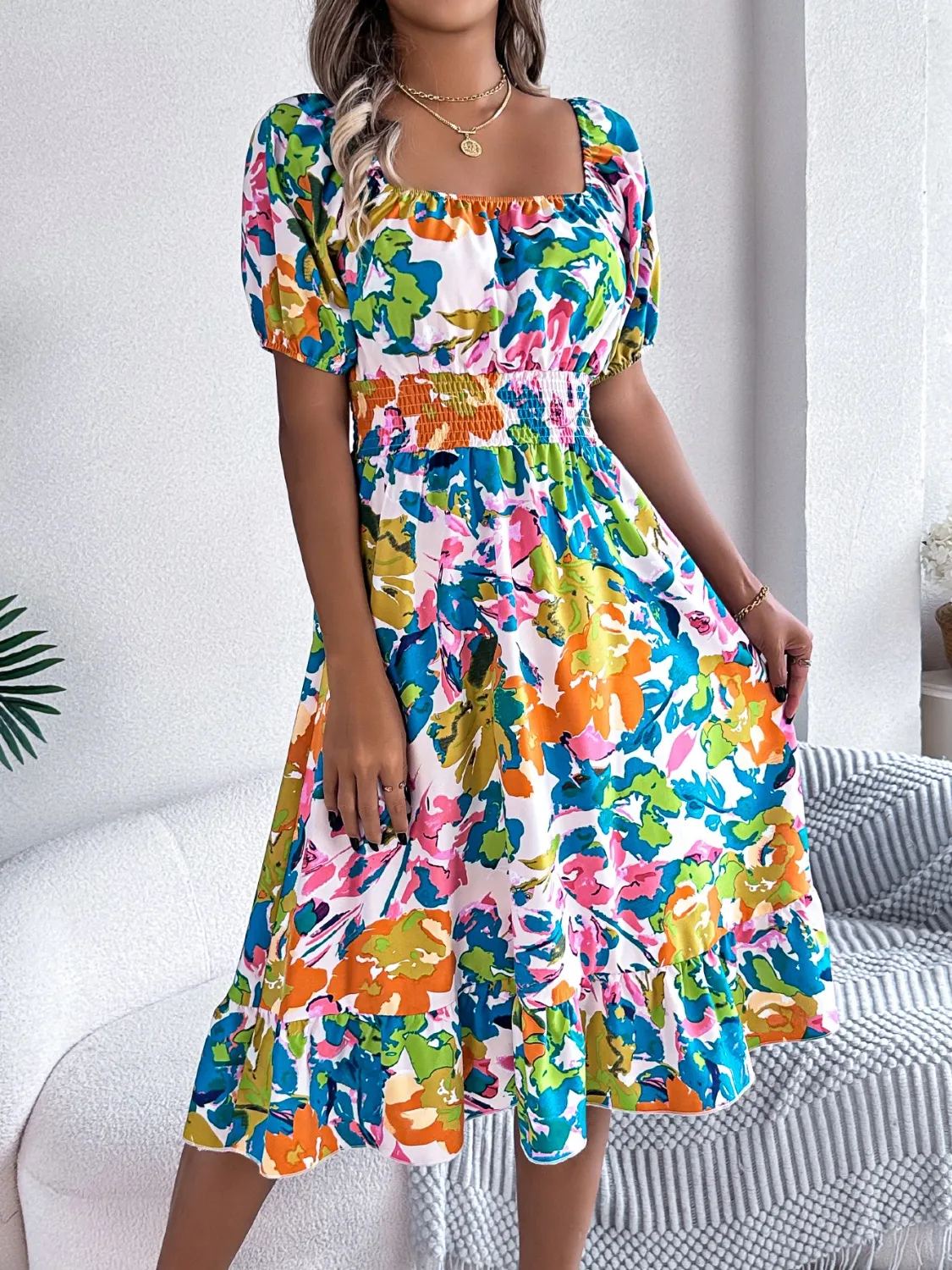 Ruffled Hem Smocked Floral Short Sleeve Midi Dress - Image 7