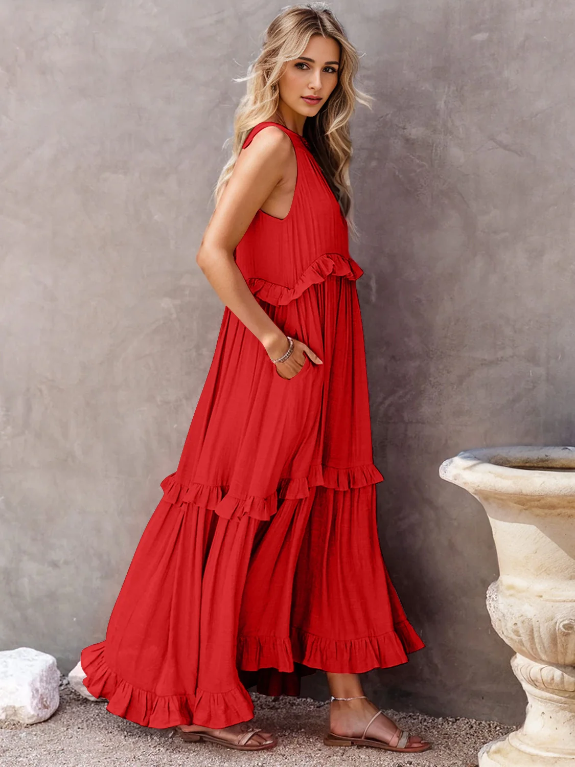 Ruffled Sleeveless Tiered Maxi Dress with Pockets - Image 29