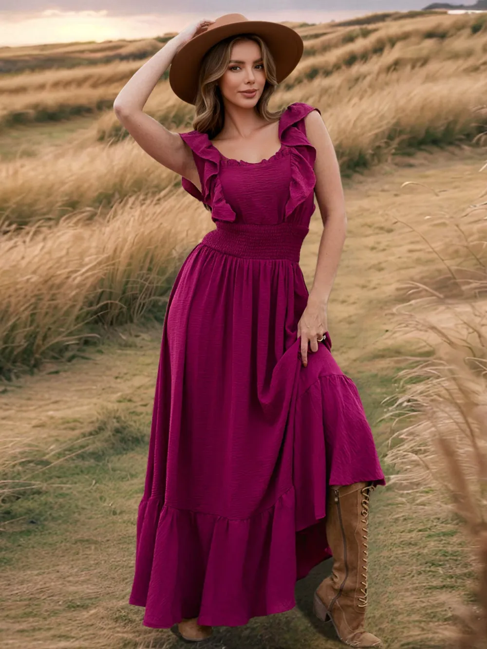 Ruffled Smocked Square Neck Maxi Dress - Image 10
