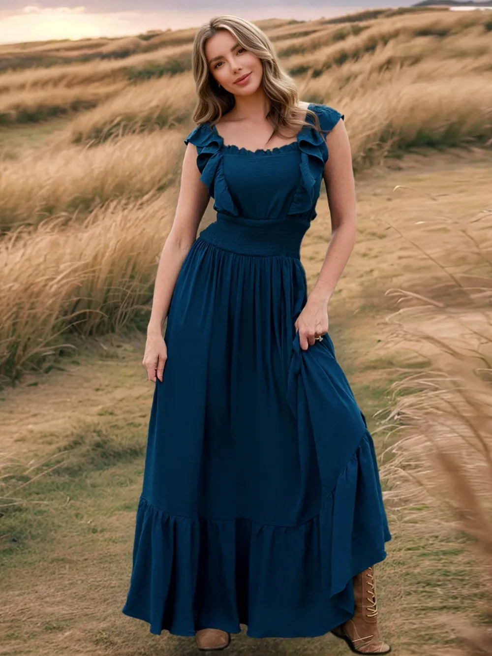 Ruffled Smocked Square Neck Maxi Dress - Image 17