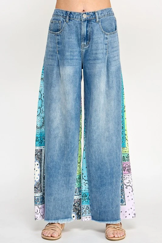 SAGE + FIG Raw Hem Paisley Print Side Wide Leg Jeans - Image 2