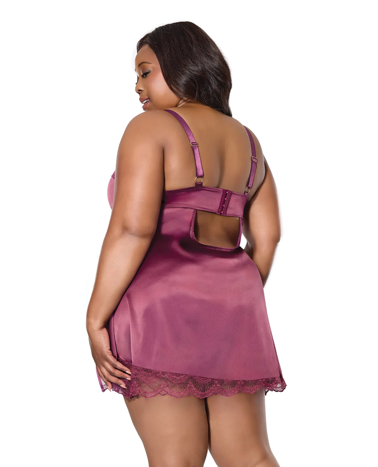 Scallop Lace Trimmed Stretch Satin Chemise w/Underwire Cups - Mauve Plum 1X/2X - Image 3
