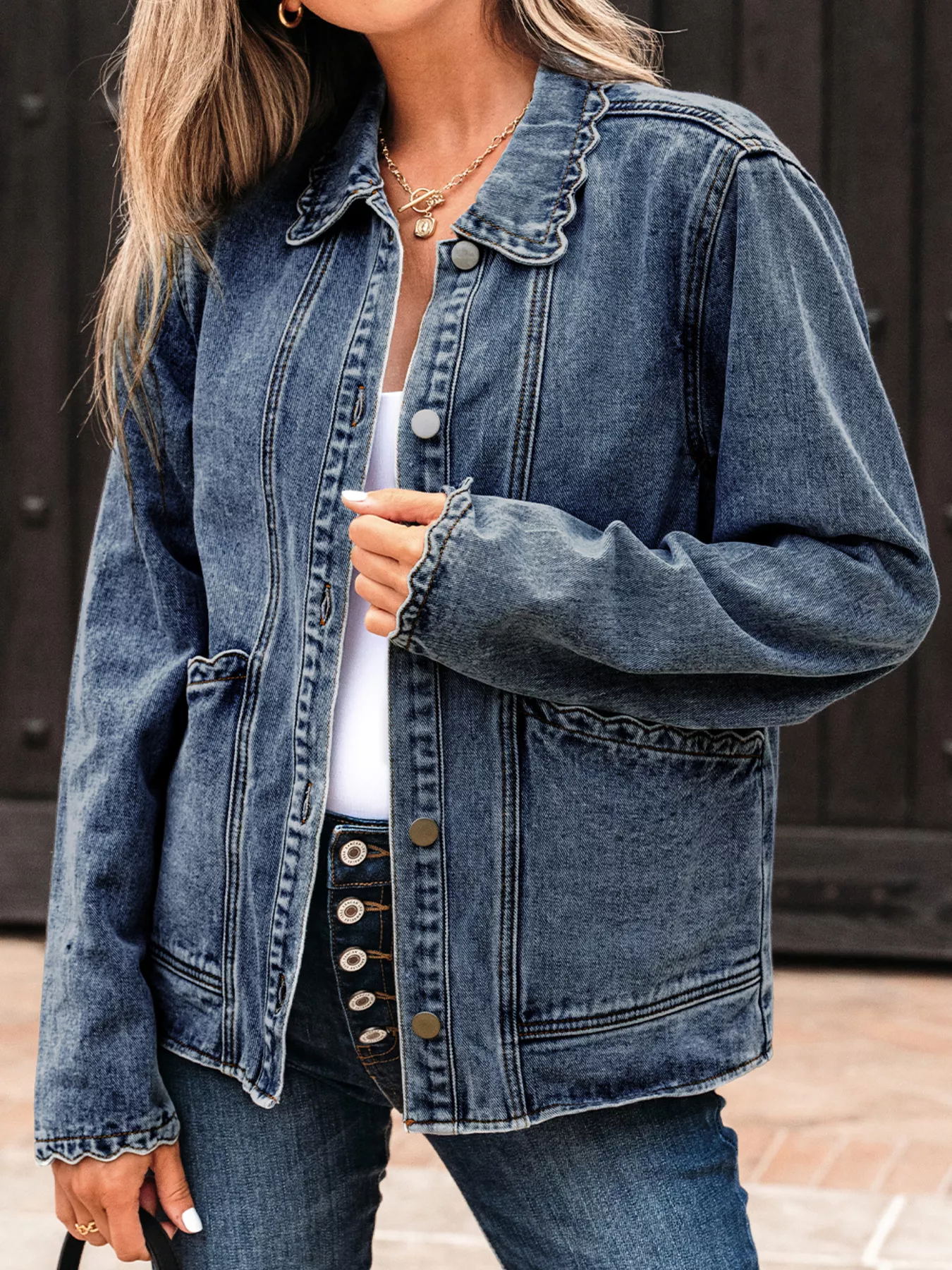 Scallop Trim Collar Patched Pocket Button Up Denim Jacket - Image 13