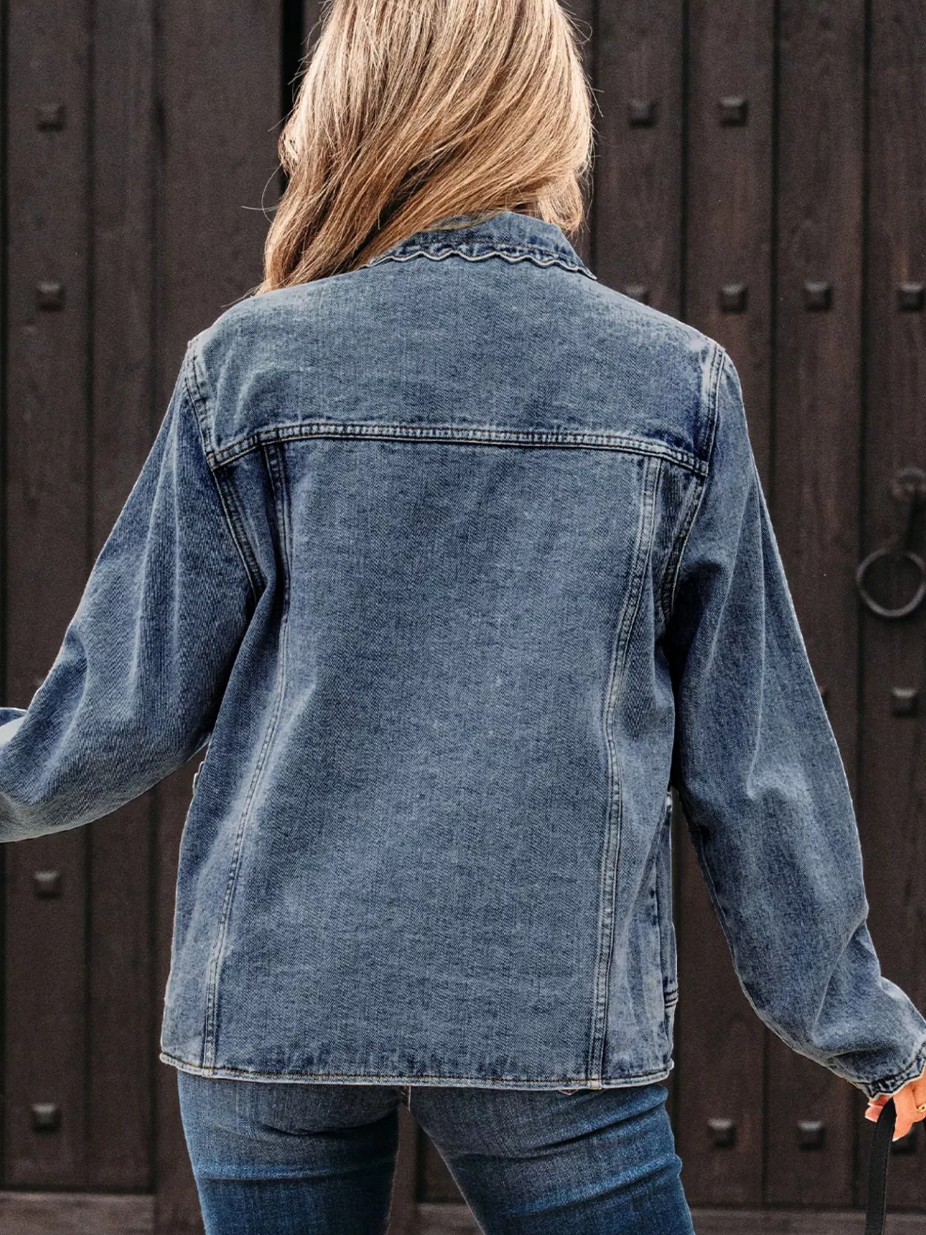 Scallop Trim Collar Patched Pocket Button Up Denim Jacket - Image 15