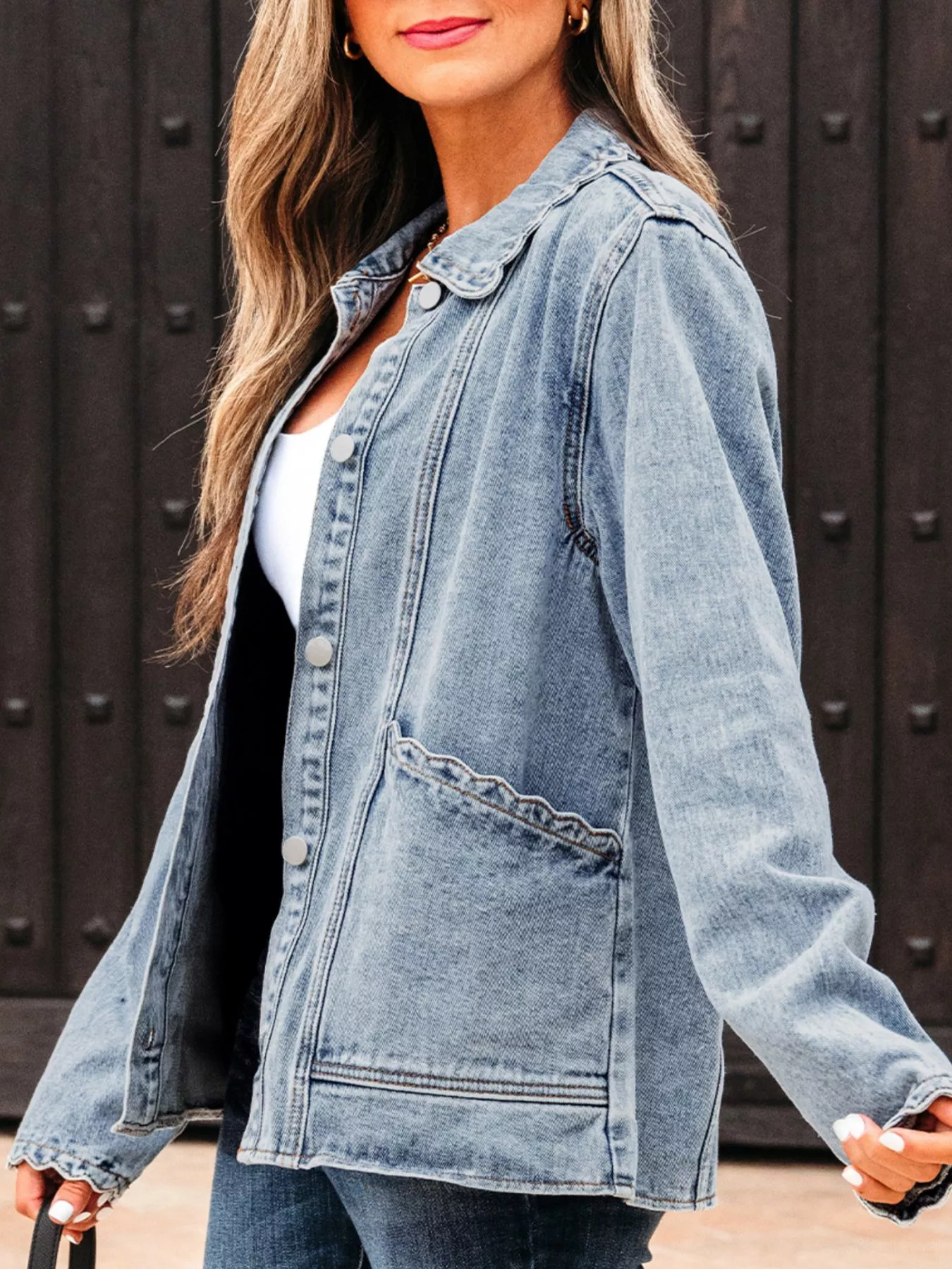 Scallop Trim Collar Patched Pocket Button Up Denim Jacket - Image 5