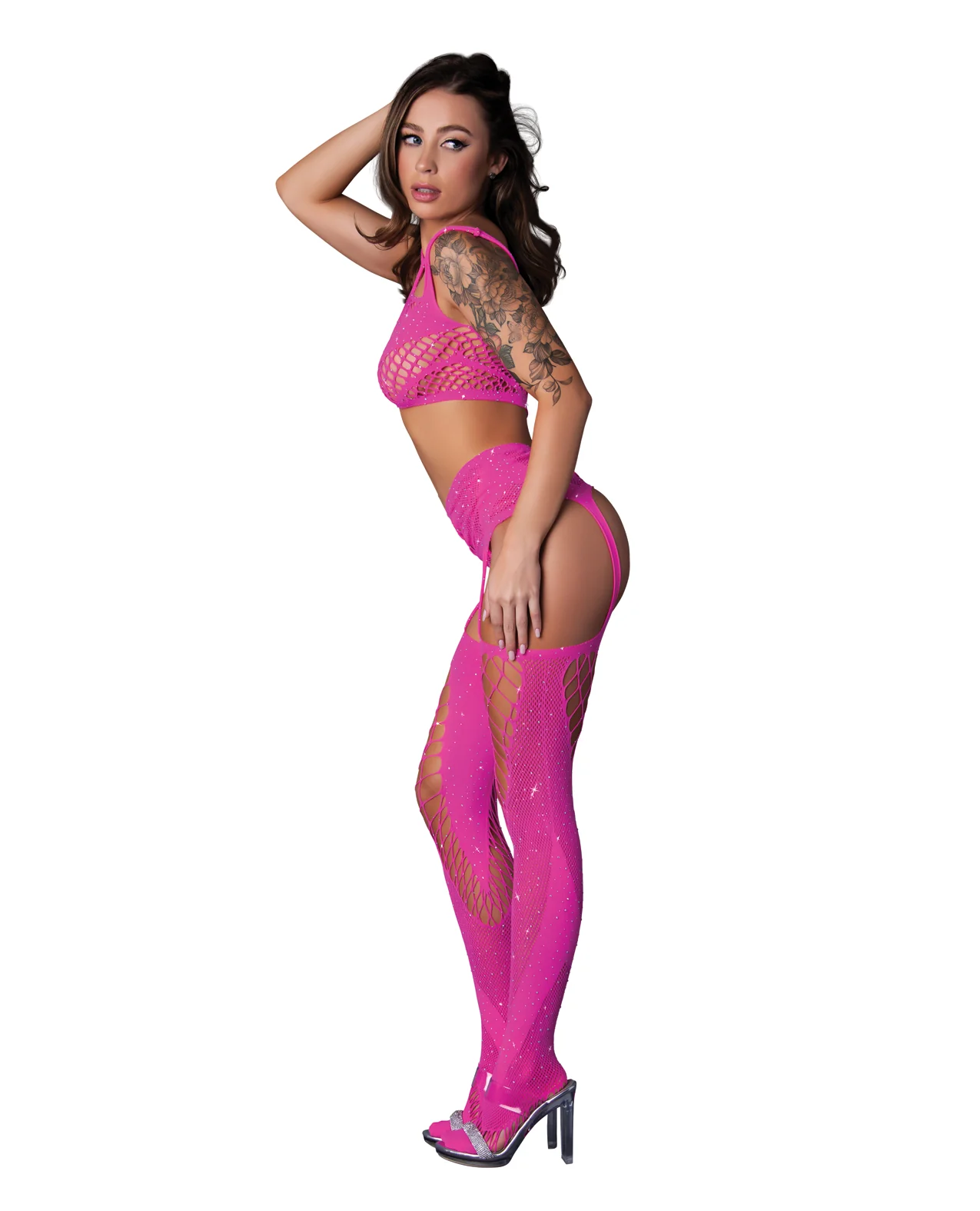 Seamless Blacklight Reflective Bralette w/G-String & Garter Stocking 3 pc Set - Pink O/S - Image 2