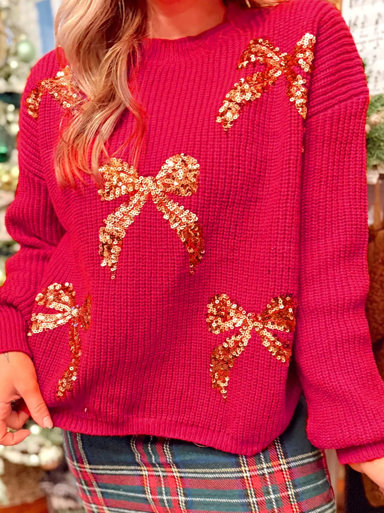 Sequin Bow Accent Drop Shoulder Sweater - Image 2