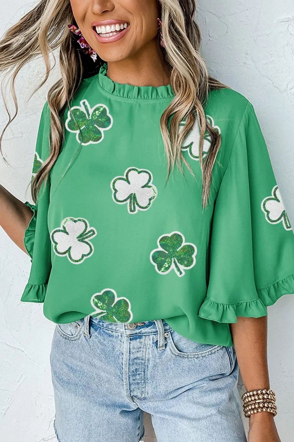 Sequin Clover Graphic Ruffled Trim Bell Sleeve St Patrick Blouse - Image 3