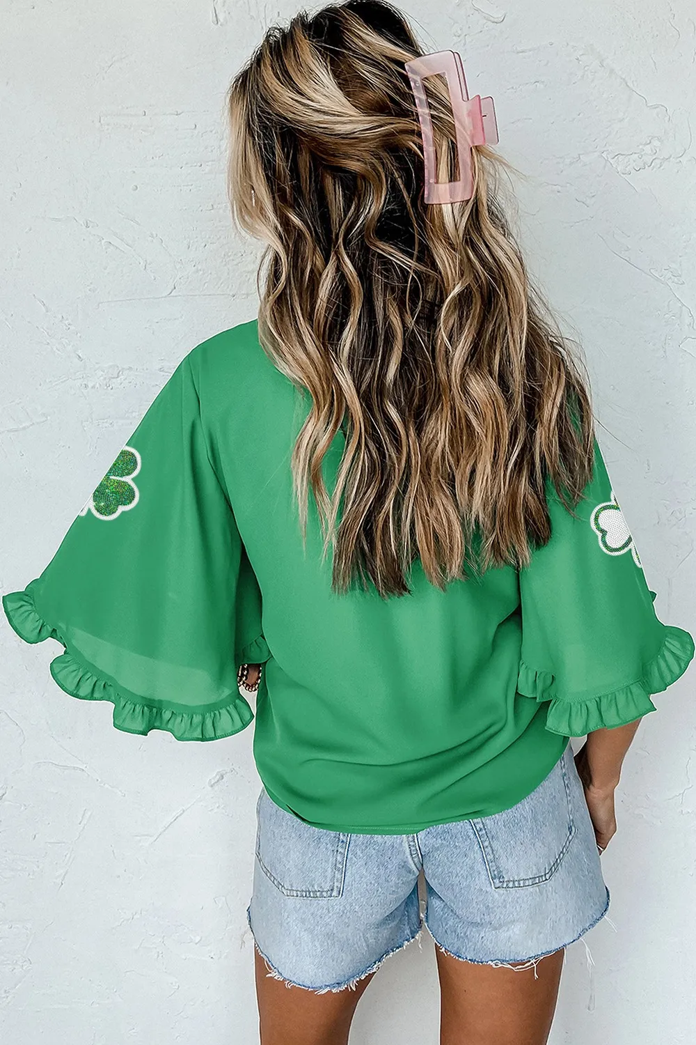 Sequin Clover Graphic Ruffled Trim Bell Sleeve St Patrick Blouse - Image 4