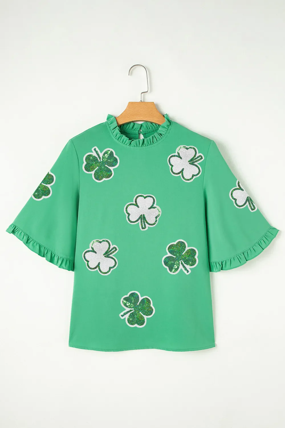 Sequin Clover Graphic Ruffled Trim Bell Sleeve St Patrick Blouse - Image 6