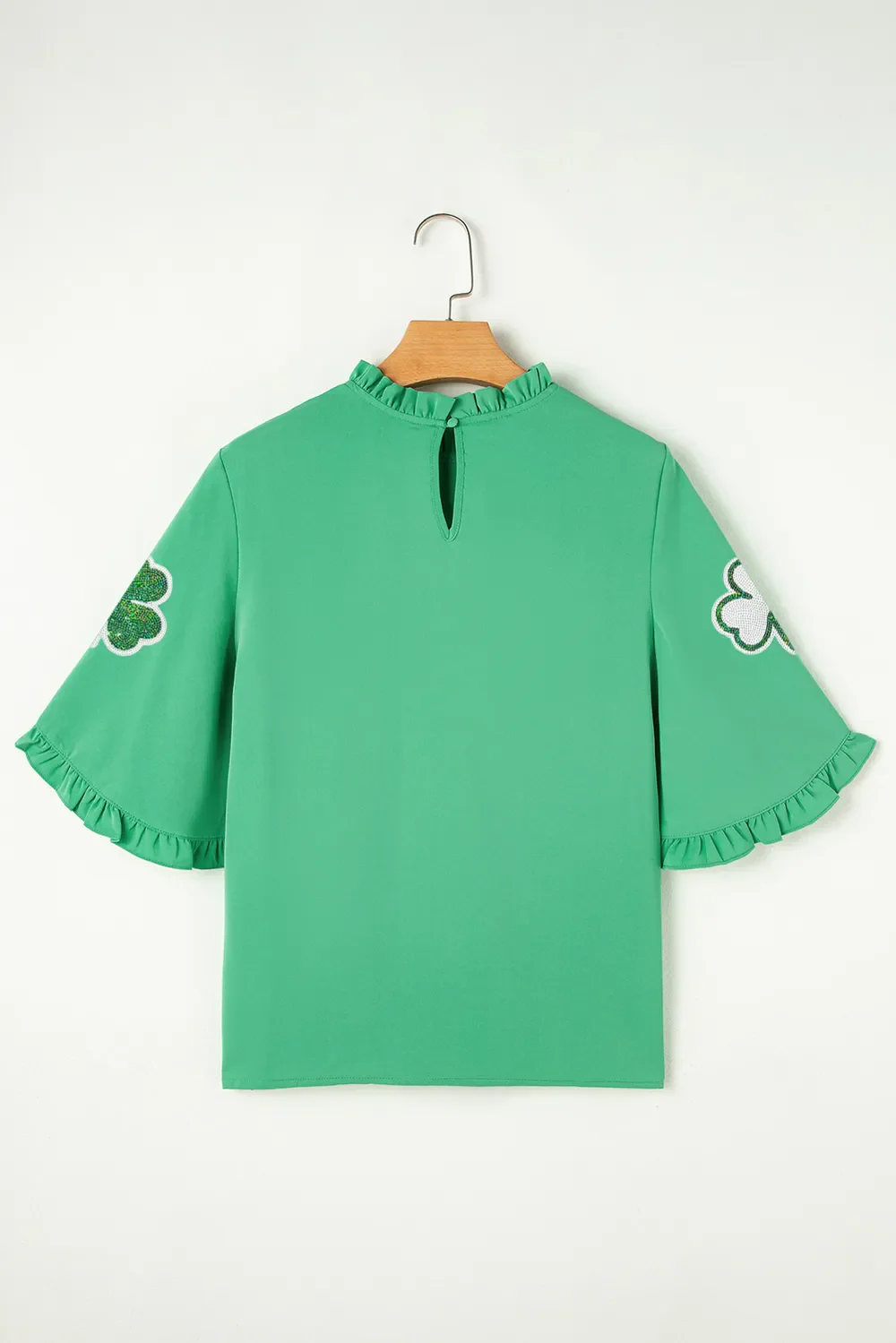 Sequin Clover Graphic Ruffled Trim Bell Sleeve St Patrick Blouse - Image 7