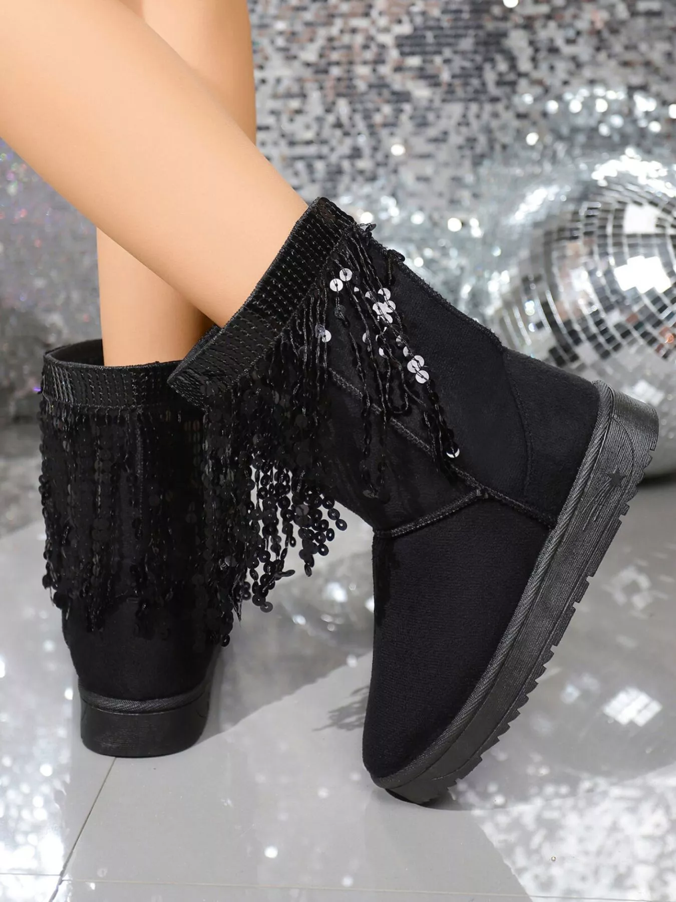 Sequin Fringe Suede Winter Boots - Image 3