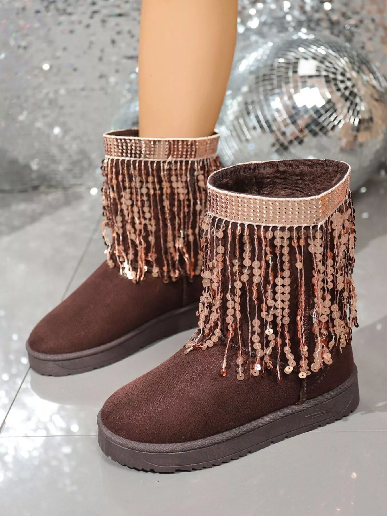 Sequin Fringe Suede Winter Boots - Image 4
