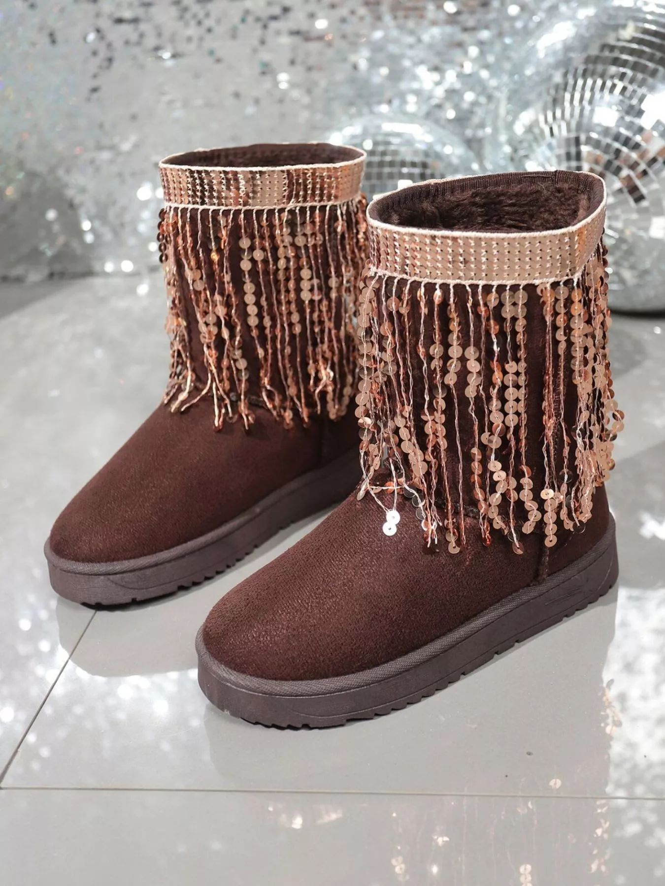Sequin Fringe Suede Winter Boots - Image 5
