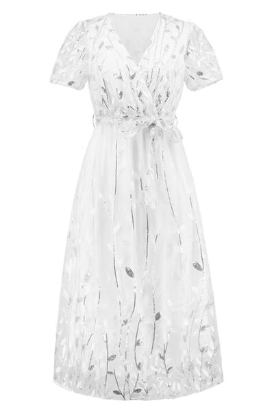 Sequin Leaf Embroidery Tie Front Short Sleeve Dress - Image 12