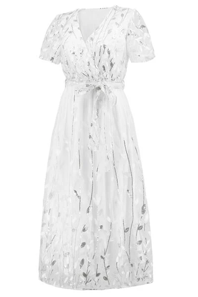 Sequin Leaf Embroidery Tie Front Short Sleeve Dress - Image 13