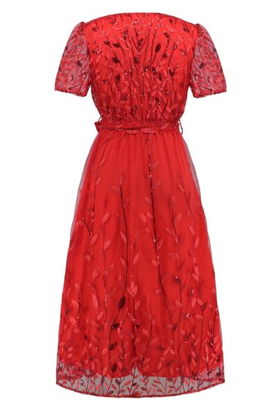 Sequin Leaf Embroidery Tie Front Short Sleeve Dress - Image 21