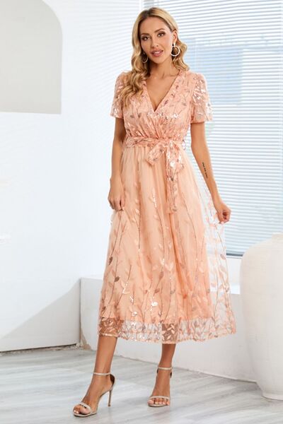 Sequin Leaf Embroidery Tie Front Short Sleeve Dress - Image 22