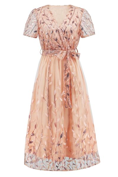 Sequin Leaf Embroidery Tie Front Short Sleeve Dress - Image 26
