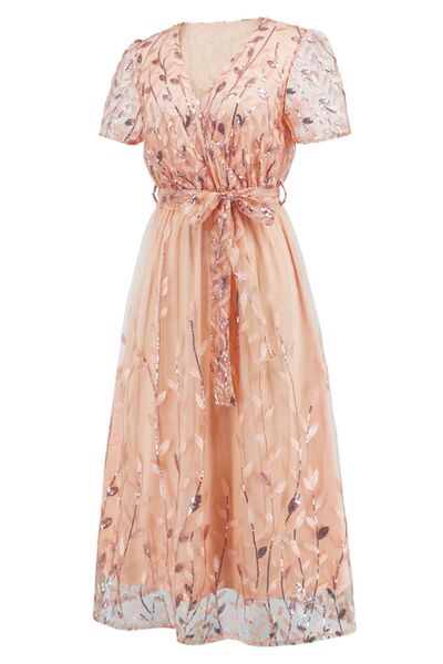 Sequin Leaf Embroidery Tie Front Short Sleeve Dress - Image 27