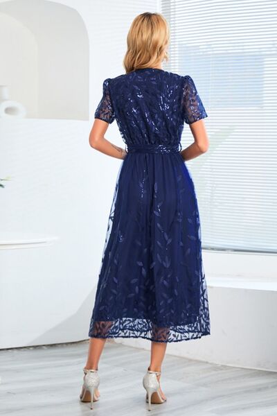 Sequin Leaf Embroidery Tie Front Short Sleeve Dress - Image 4
