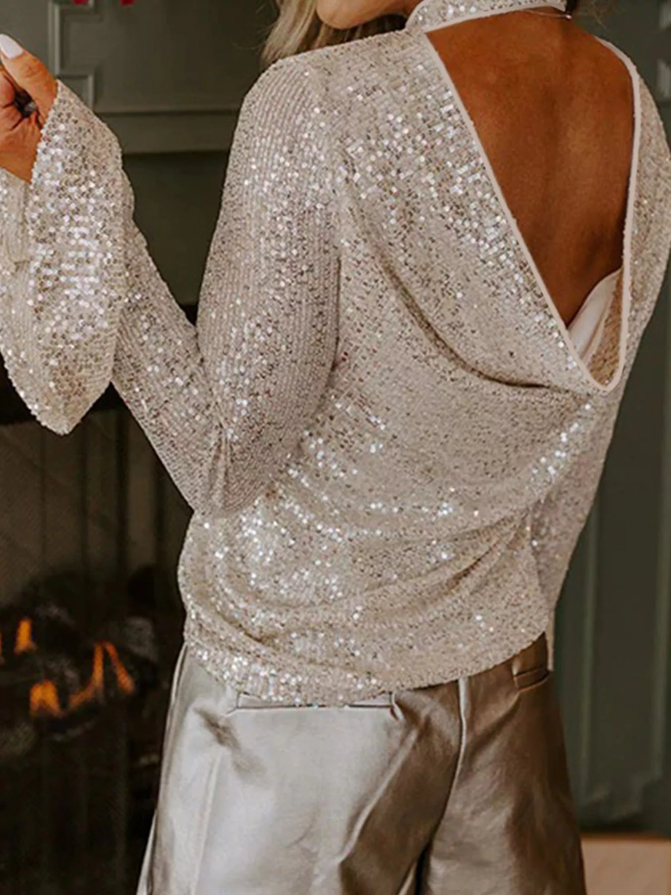 Sequin Mock Neck Bell Sleeve Top - Image 2