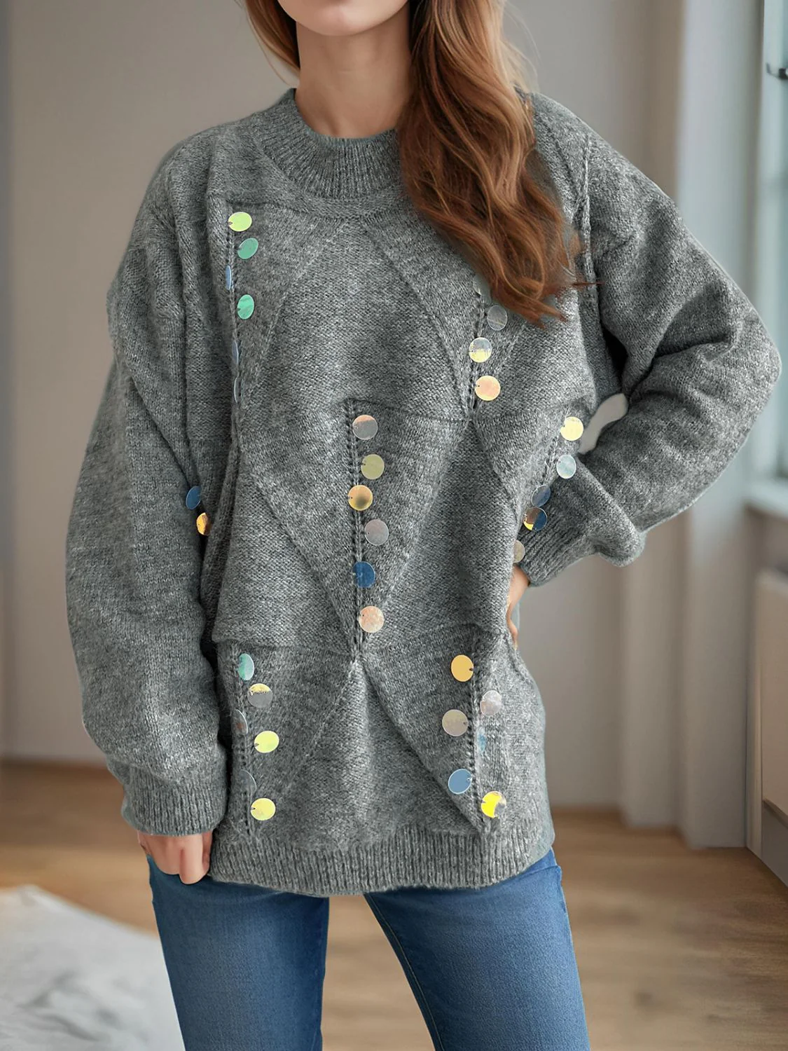 Sequin Mock Neck Long Sleeve Sweater - Image 3
