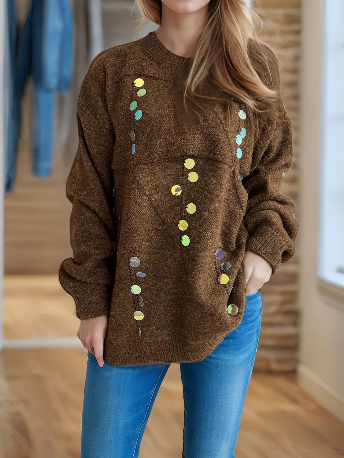 Sequin Mock Neck Long Sleeve Sweater - Image 7