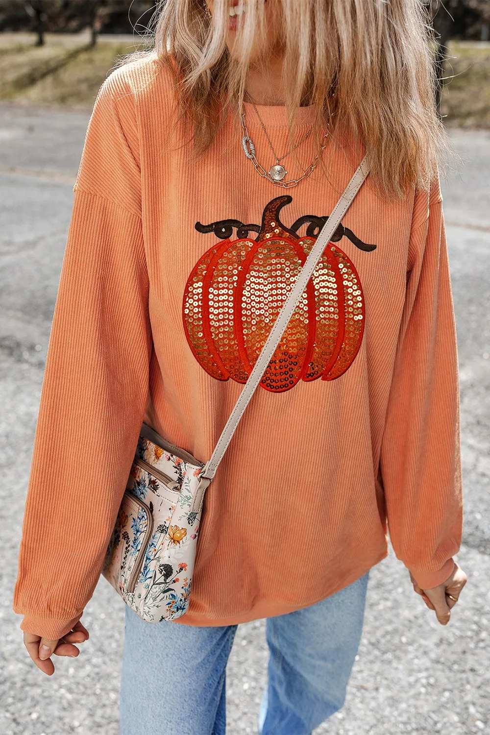 Sequin Pumpkin Round Neck Long Sleeve Sweatshirt - Image 2