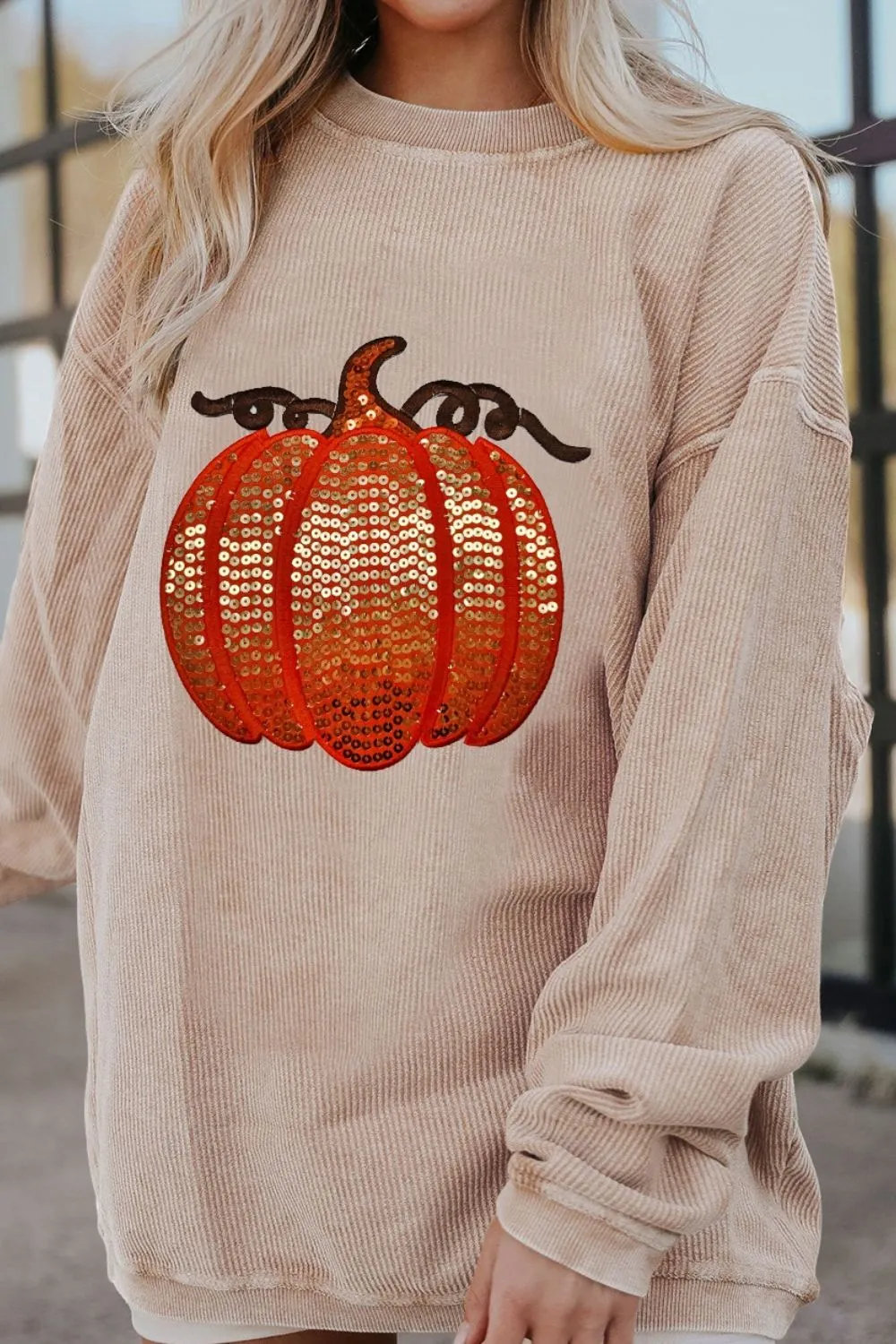 Sequin Pumpkin Round Neck Long Sleeve Sweatshirt - Image 6