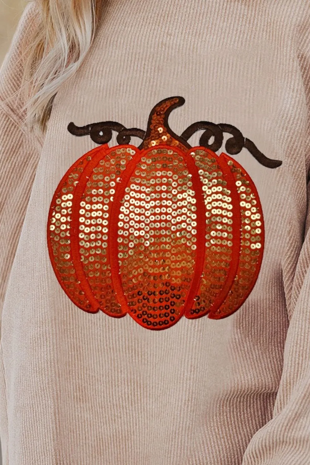 Sequin Pumpkin Round Neck Long Sleeve Sweatshirt - Image 8