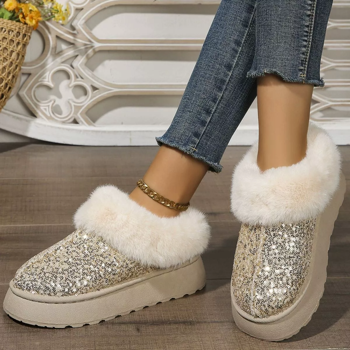 Sequin Round Toe Platform Boots - Image 4