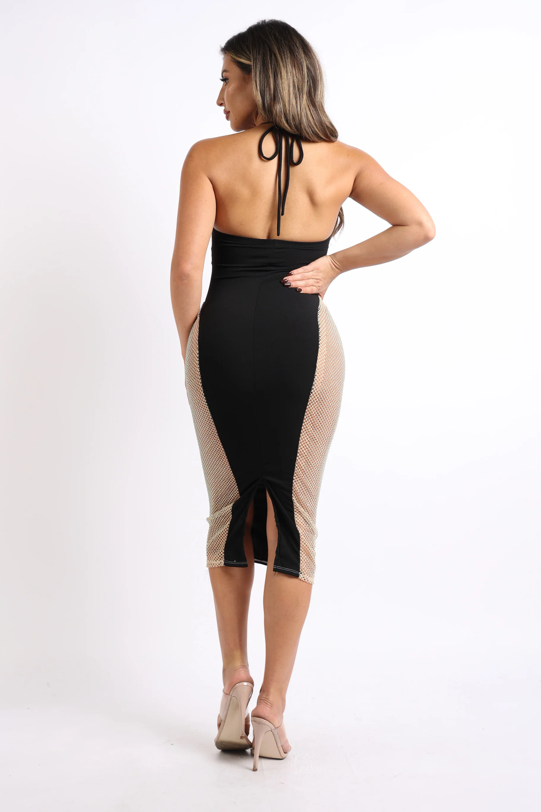 Sexy Cut Out Rhinestone Fishnet Contrast Clubwear Party Dress BLACK - Image 3