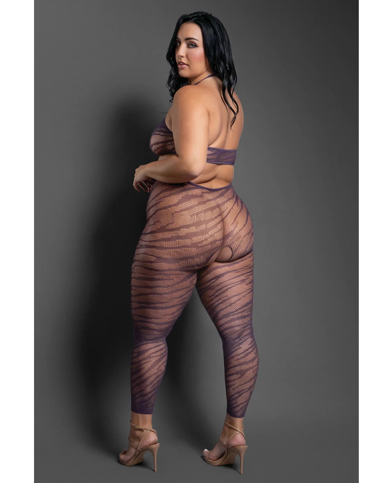 Sheer Set Me Free Mesh Body Stocking w/Zebra Pattern & Open Crotch - Purple QN - Image 2