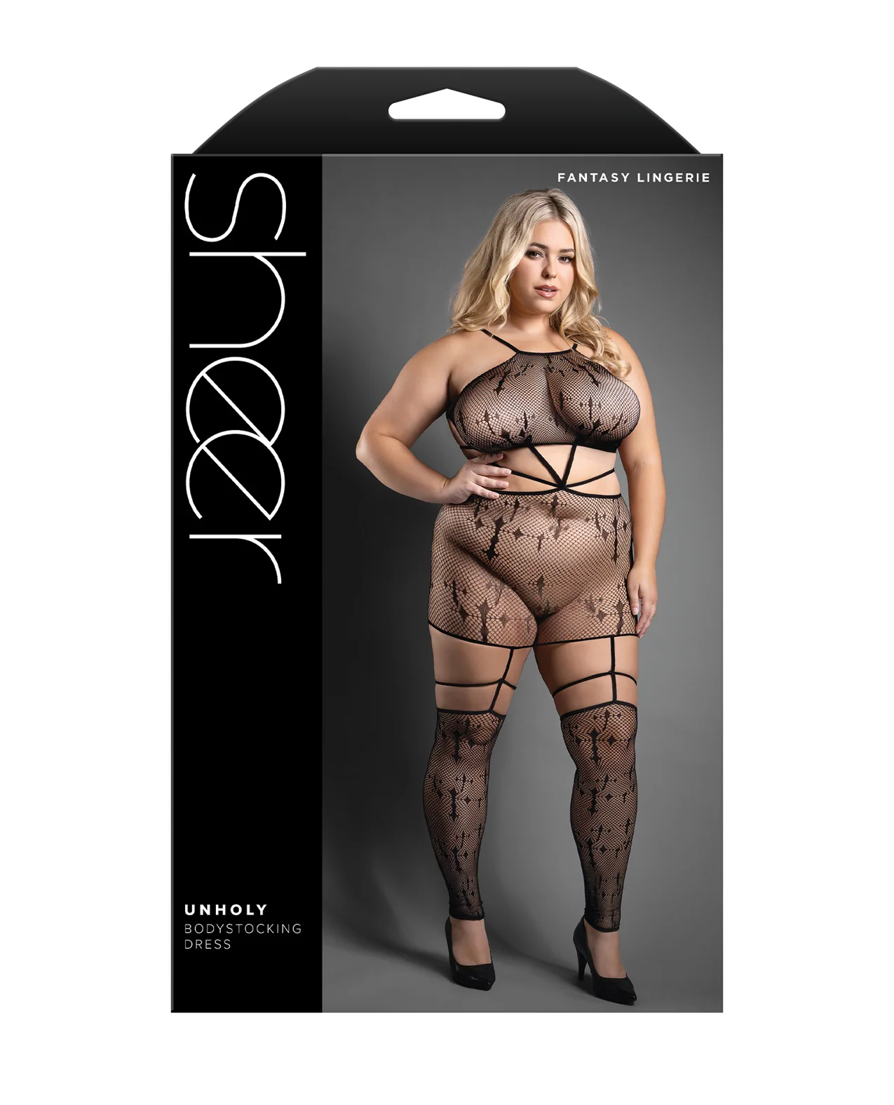 Sheer Unholy Gartered Bodystocking Dress w/Attached Stockings - Black QN - Image 3
