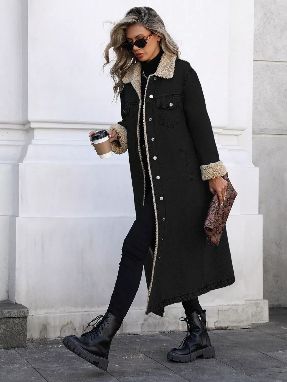 Sherpa Lined Longline Denim Jacket - Image 11