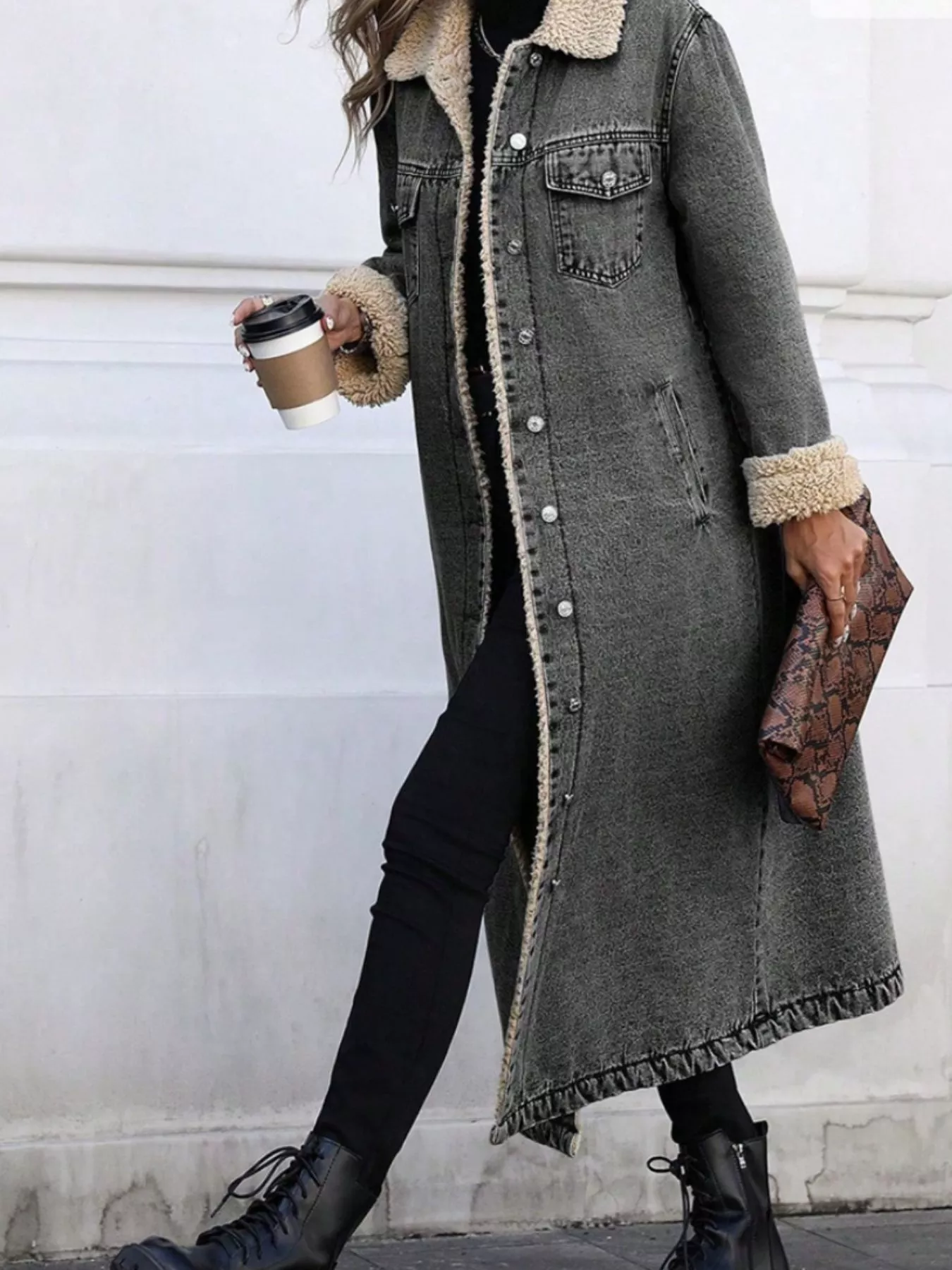 Sherpa Lined Longline Denim Jacket - Image 13