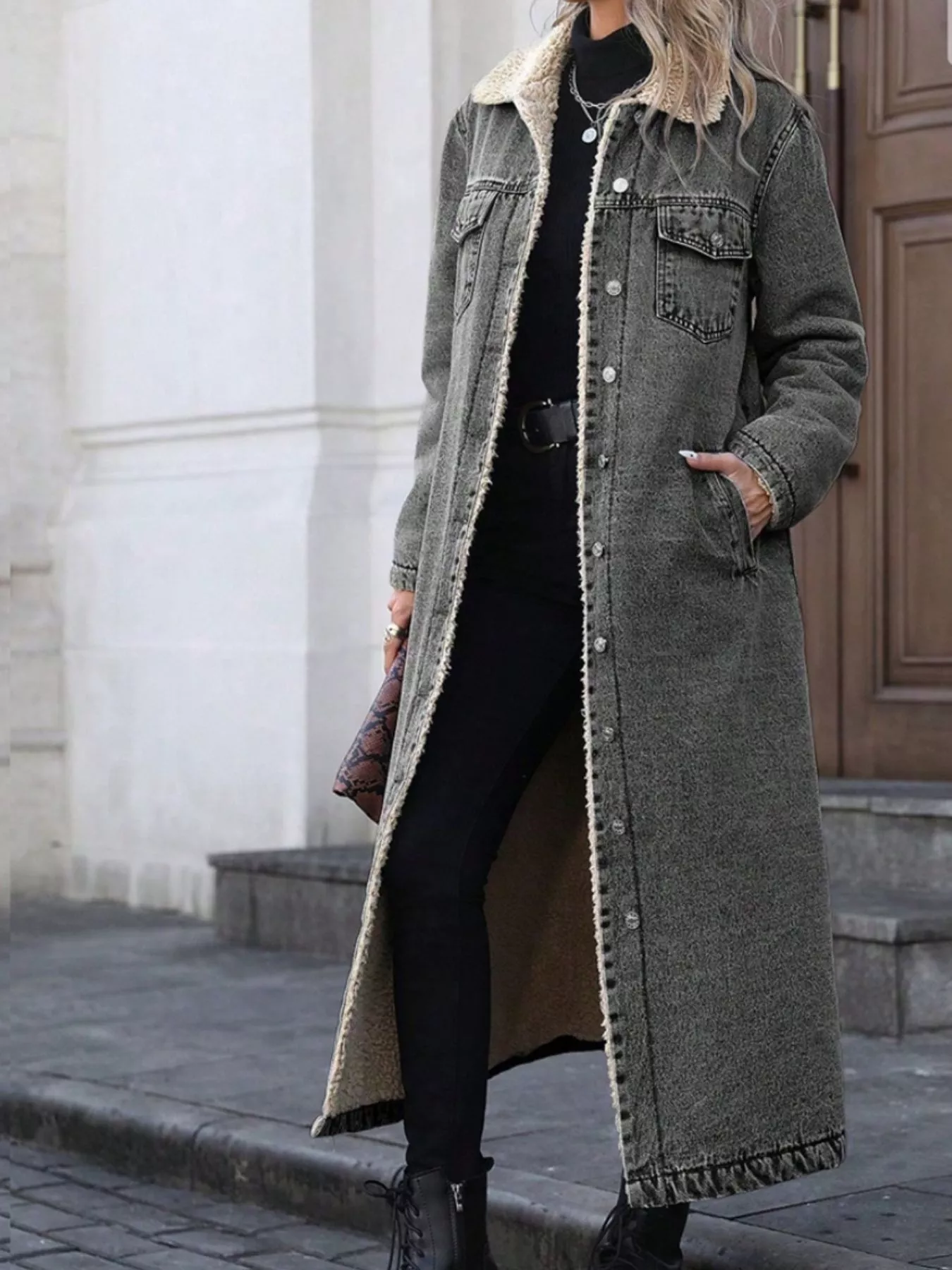 Sherpa Lined Longline Denim Jacket - Image 14