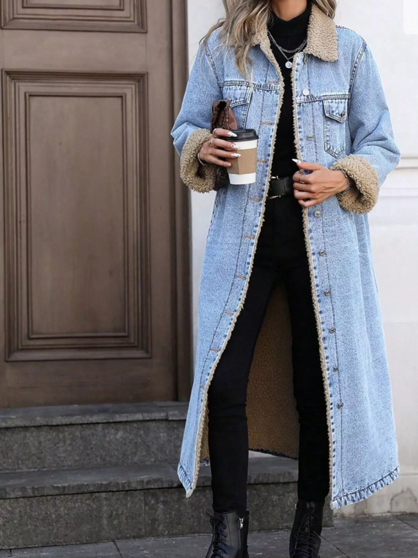 Sherpa Lined Longline Denim Jacket - Image 17