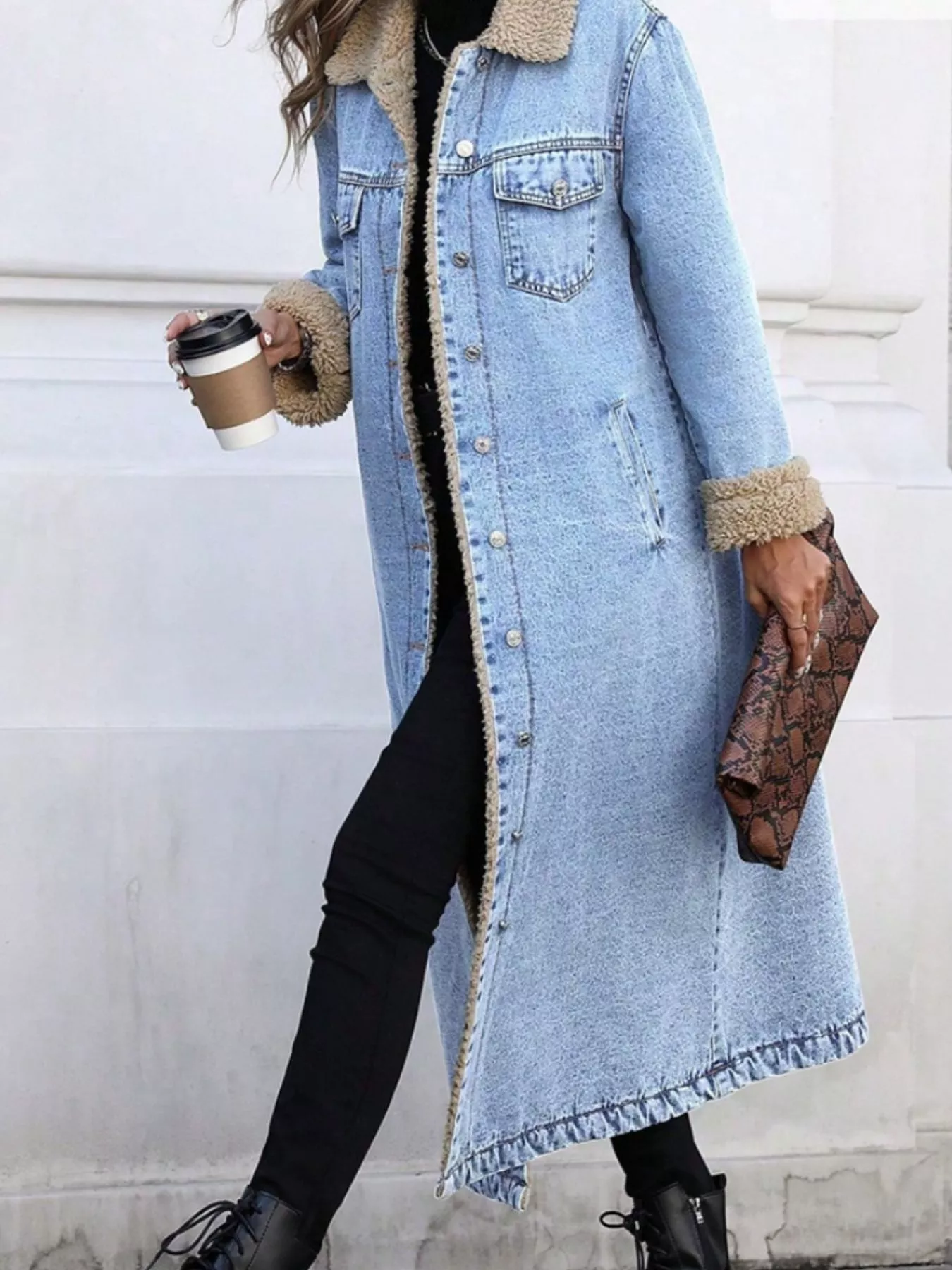 Sherpa Lined Longline Denim Jacket - Image 18