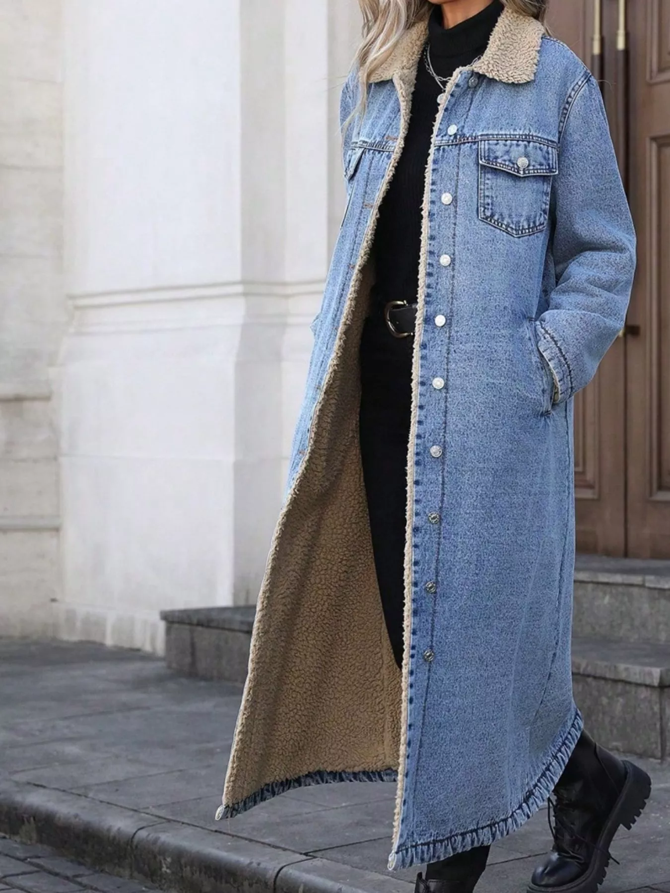 Sherpa Lined Longline Denim Jacket - Image 23