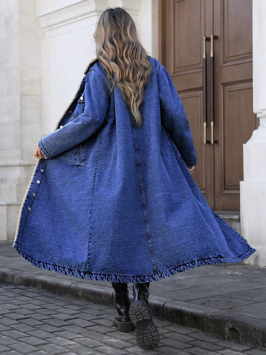 Sherpa Lined Longline Denim Jacket - Image 8