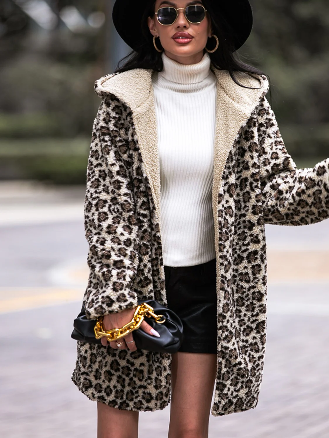 Shiny Leopard Hooded Coat with Pockets - Image 5